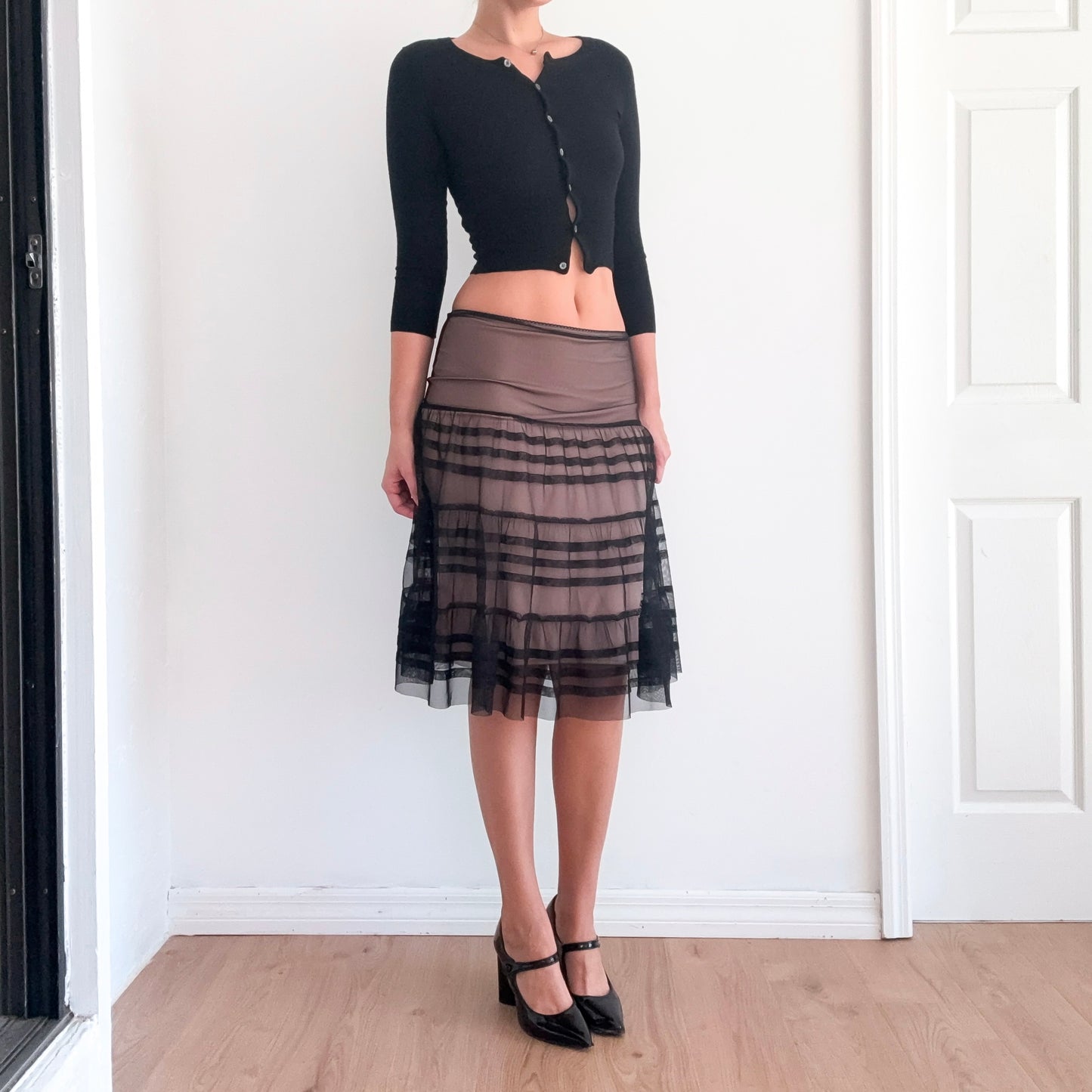 Y2K Black & Nude Pleated Mesh Midi Skirt / SZ S-M