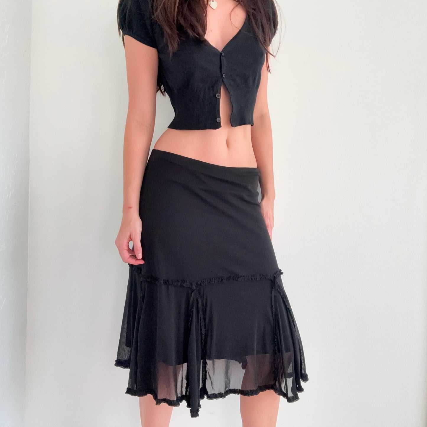 Y2K Black Mesh Ruffle Trim Midi Skirt / SZ M/L