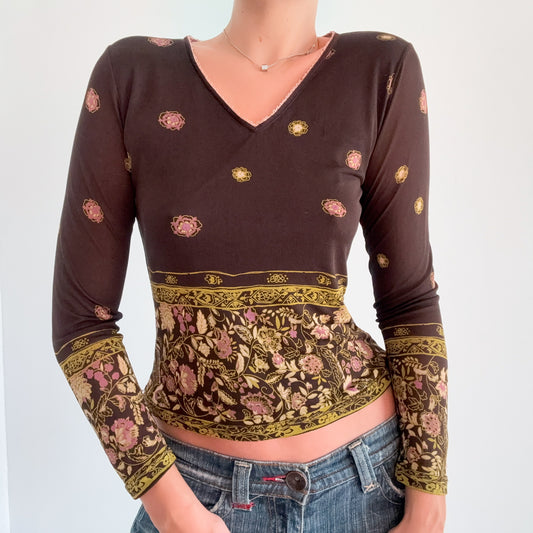 Y2K Brown Printed Silk Long Sleeve Top / SZ S