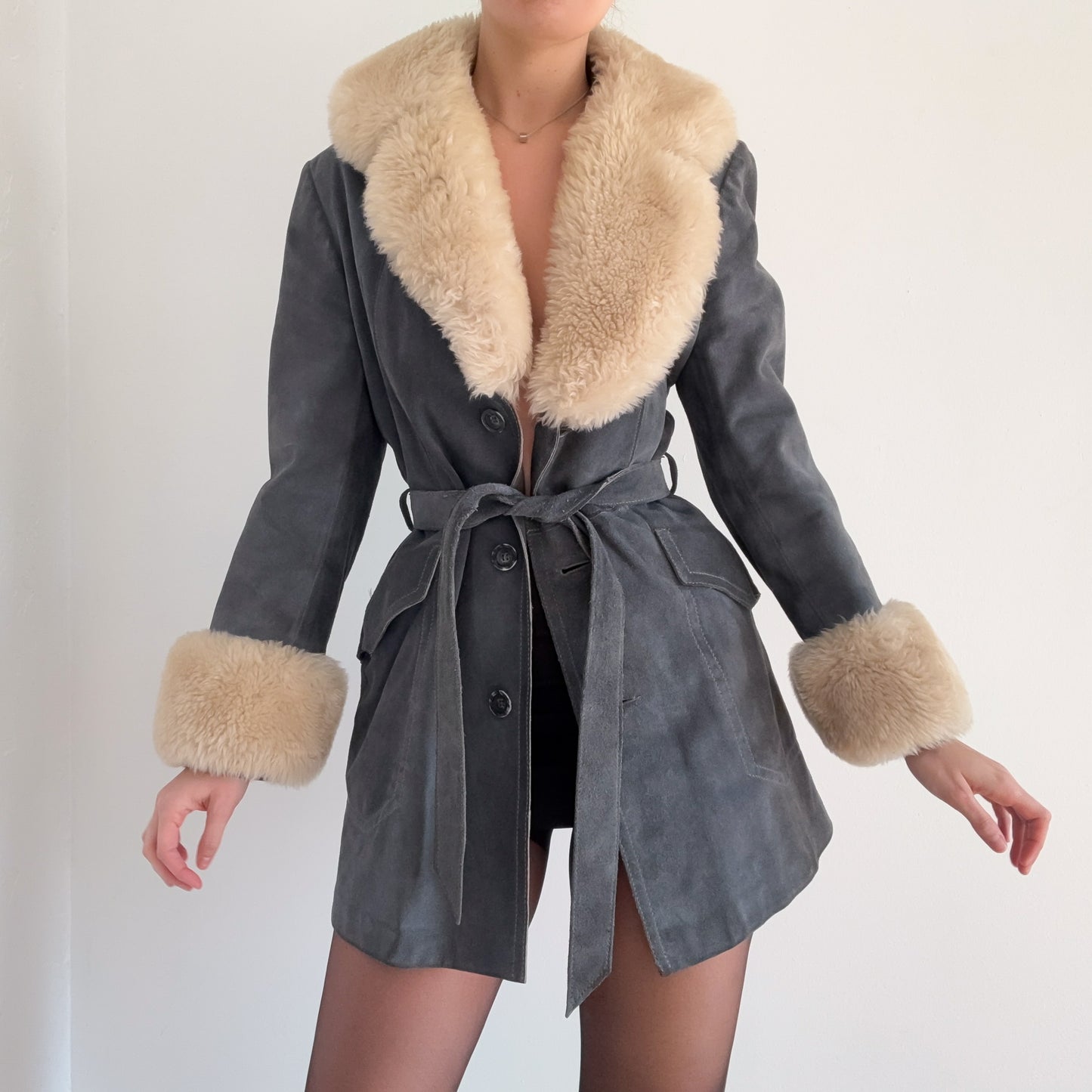 70's Stone Blue Suede Fur Coat / SZ M