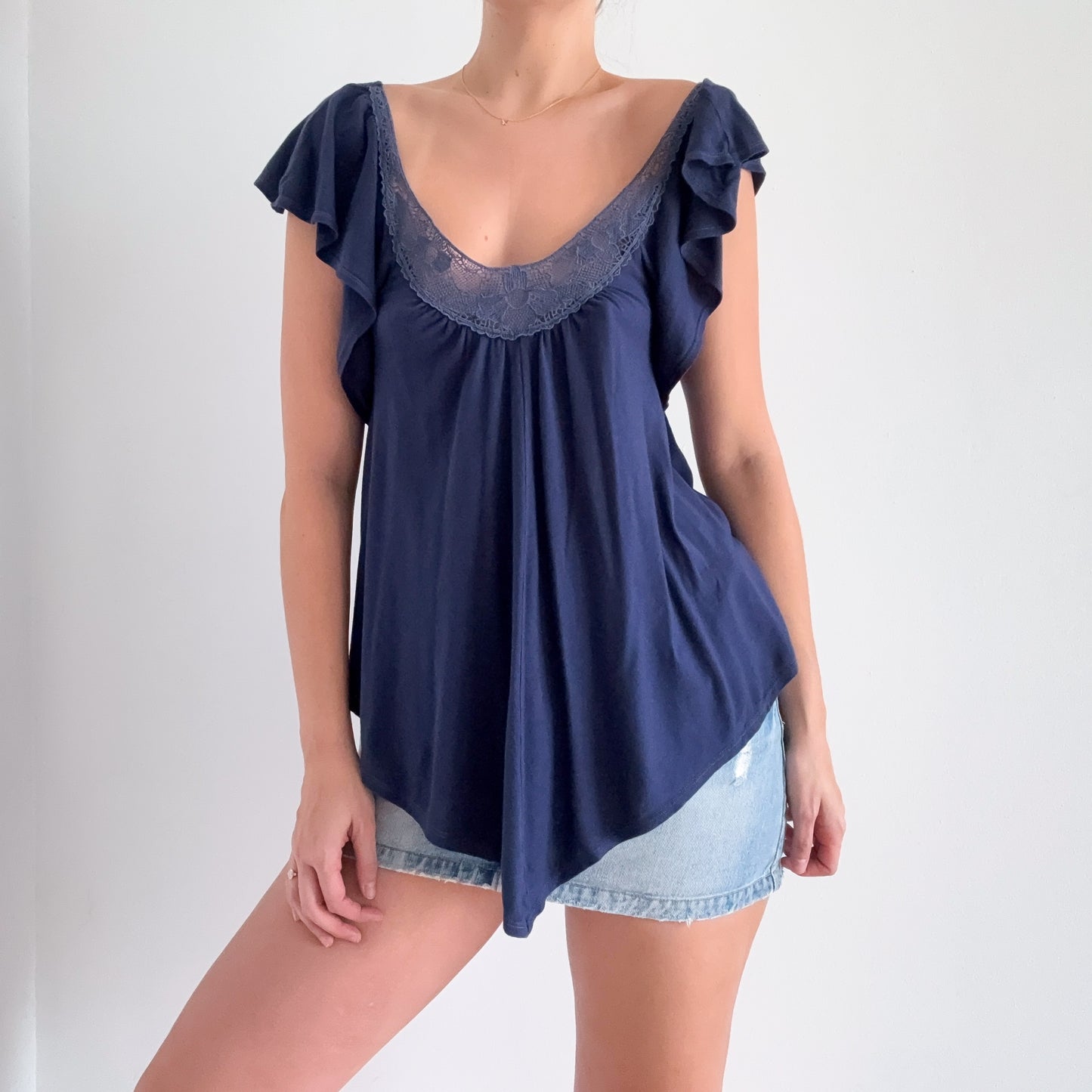 Y2K Blue Modal Crochet Flutter Top / SZ S-M