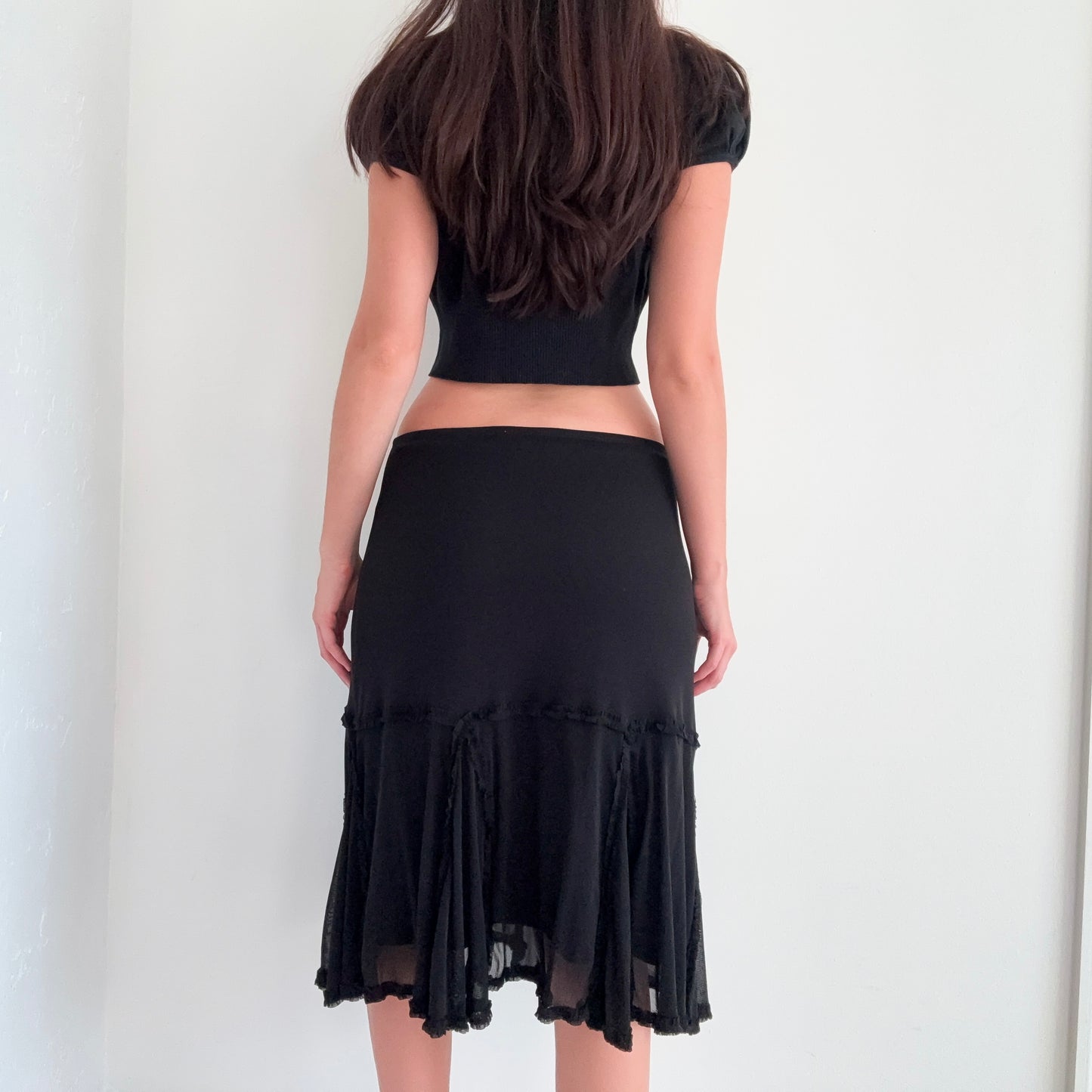 Y2K Black Mesh Ruffle Trim Midi Skirt / SZ M/L