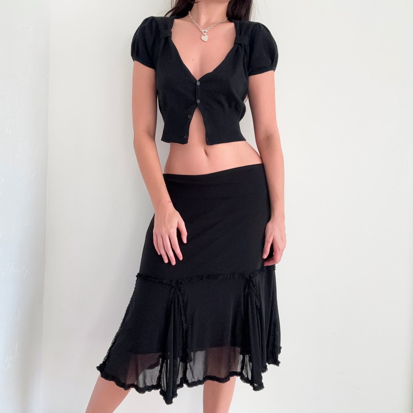 Y2K Black Mesh Ruffle Trim Midi Skirt / SZ M/L