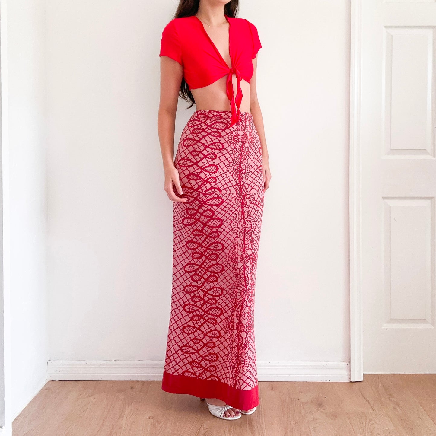 Y2K Legate Jeans Red Printed Maxi Skirt / SZ S