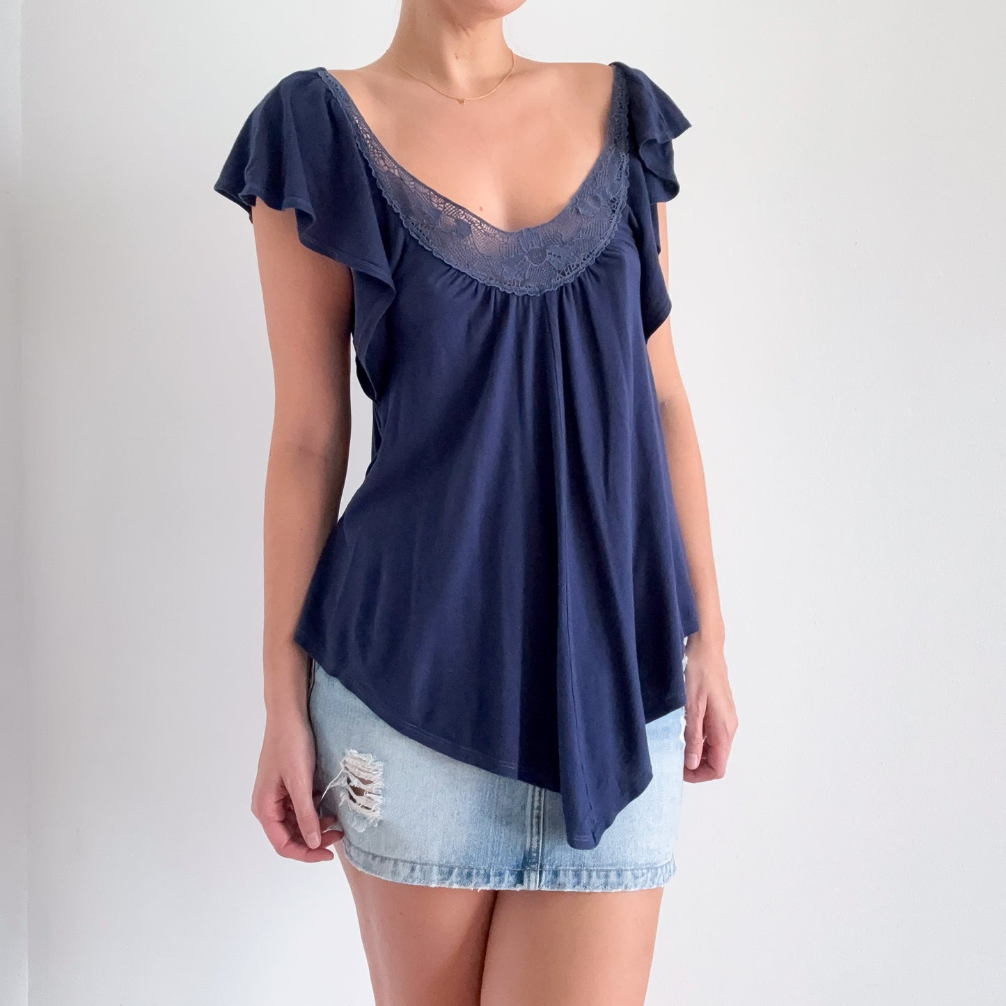 Y2K Blue Modal Crochet Flutter Top / SZ S-M