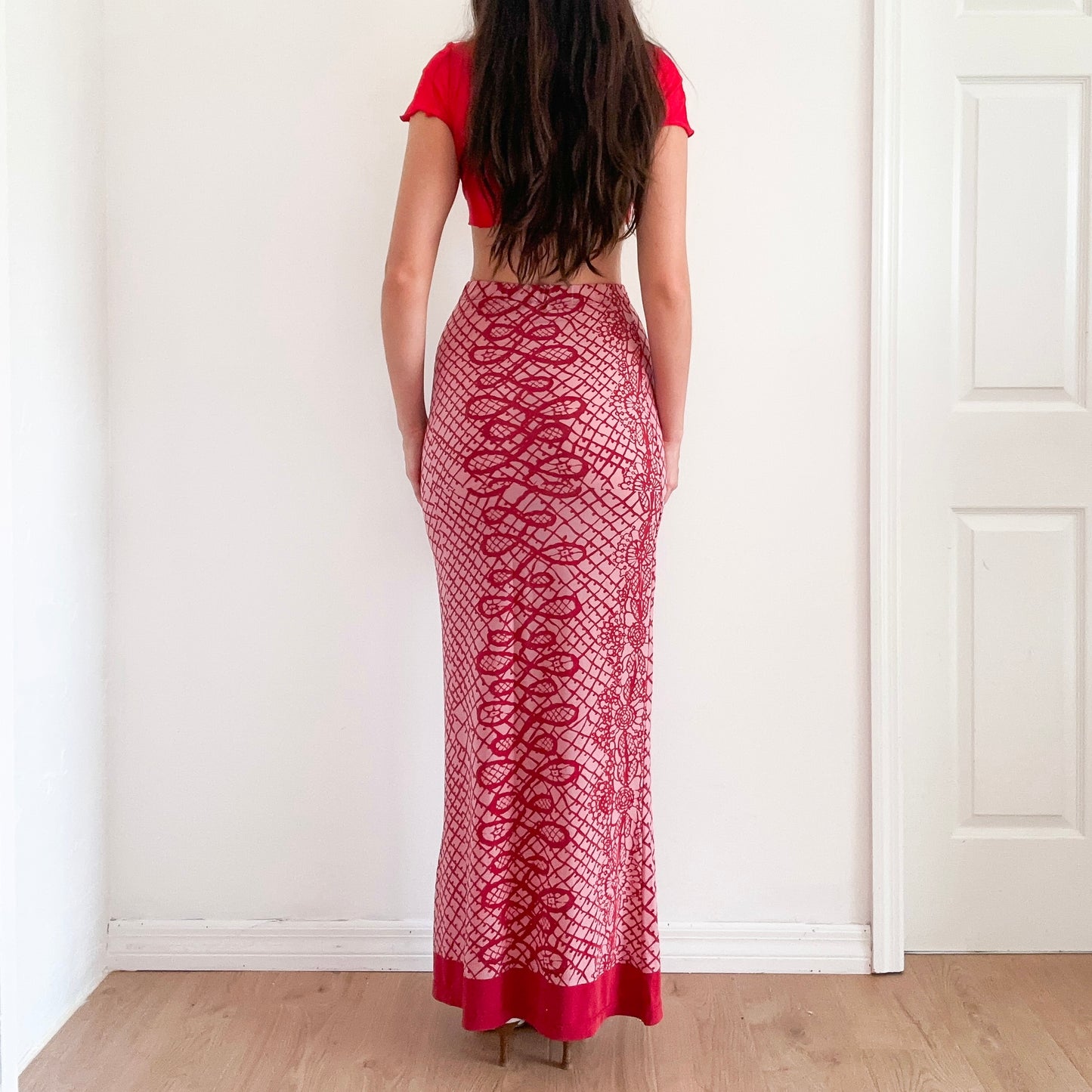 Y2K Legate Jeans Red Printed Maxi Skirt / SZ S