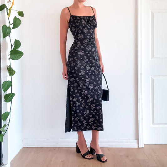90's Black Butterfly Flower Maxi Dress / SZ M-L