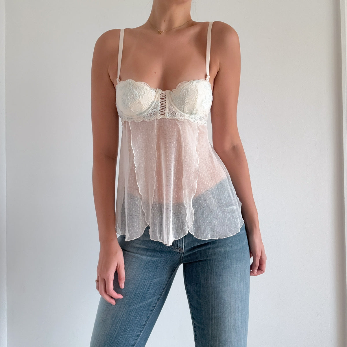 Y2K VS Ivory & Blue Lace Mesh Babydoll / SZ 34B