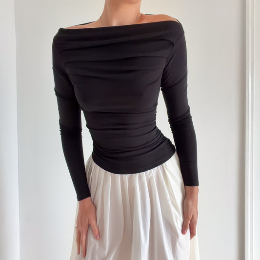 Black Ruched High Neck Long Sleeve / SZ S/M