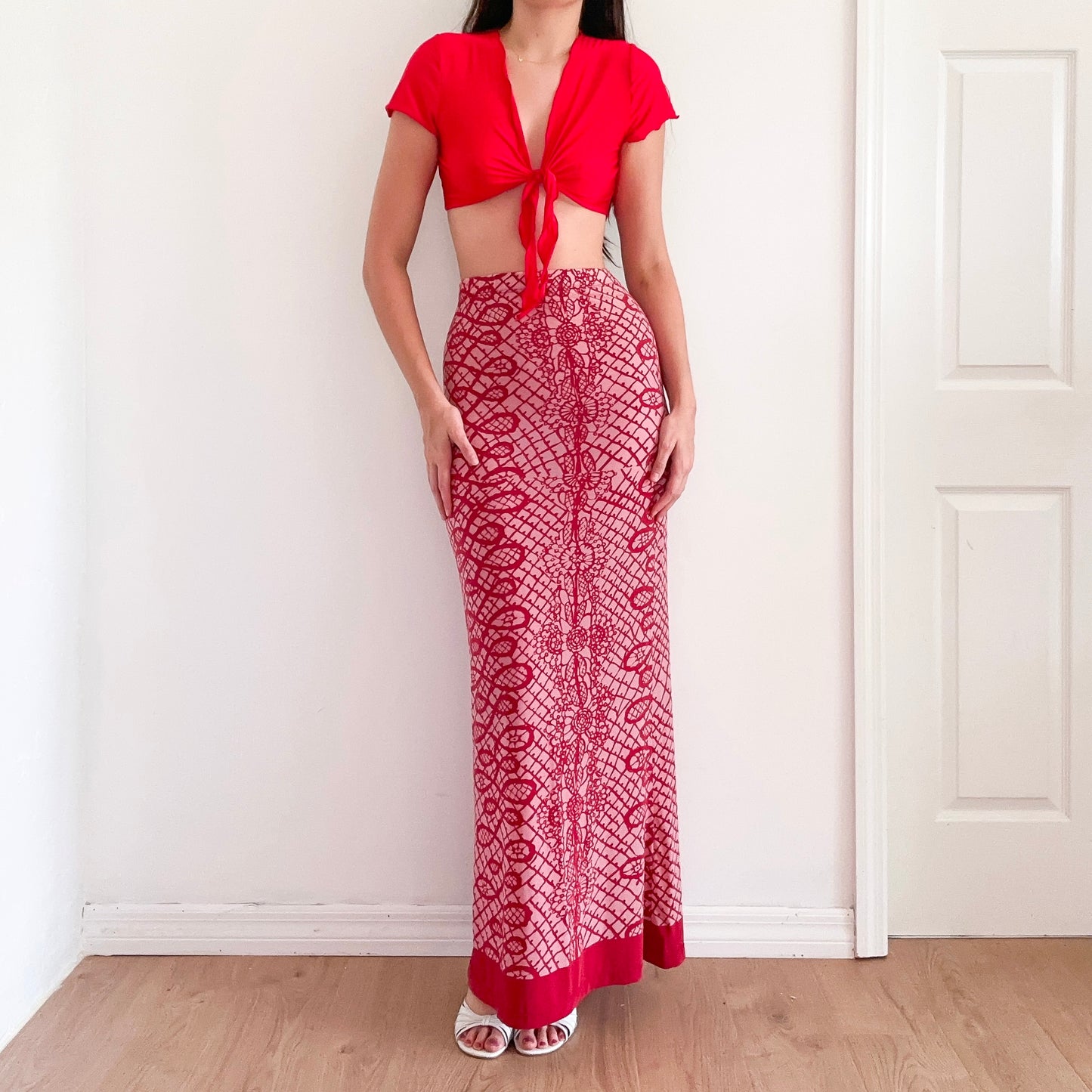 Y2K Legate Jeans Red Printed Maxi Skirt / SZ S