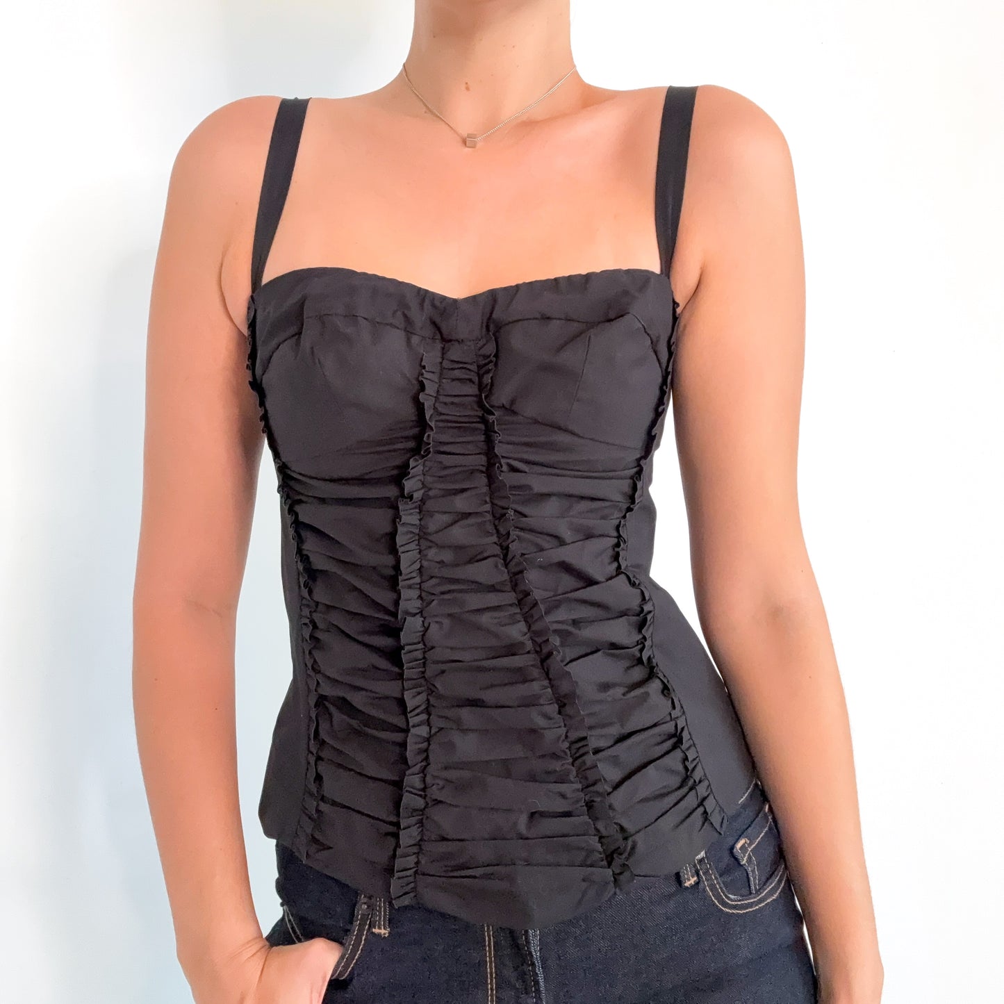 Y2K Black Cotton Ruched Bustier Top / SZ M