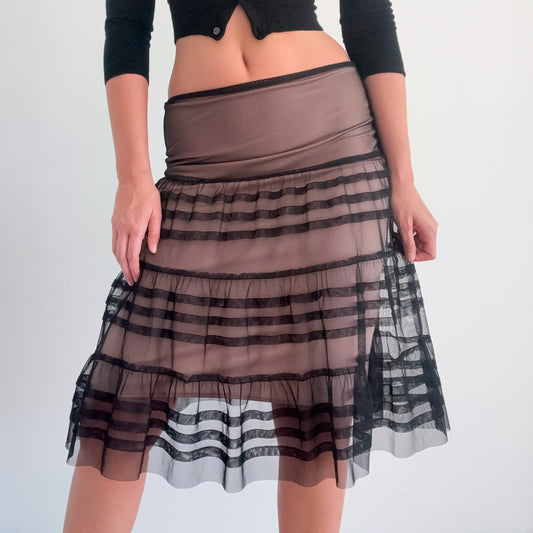Y2K Black & Nude Pleated Mesh Midi Skirt / SZ S-M