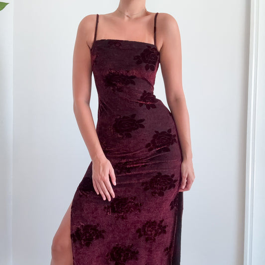 90's Maroon Velvet Floral Maxi Dress / SZ M