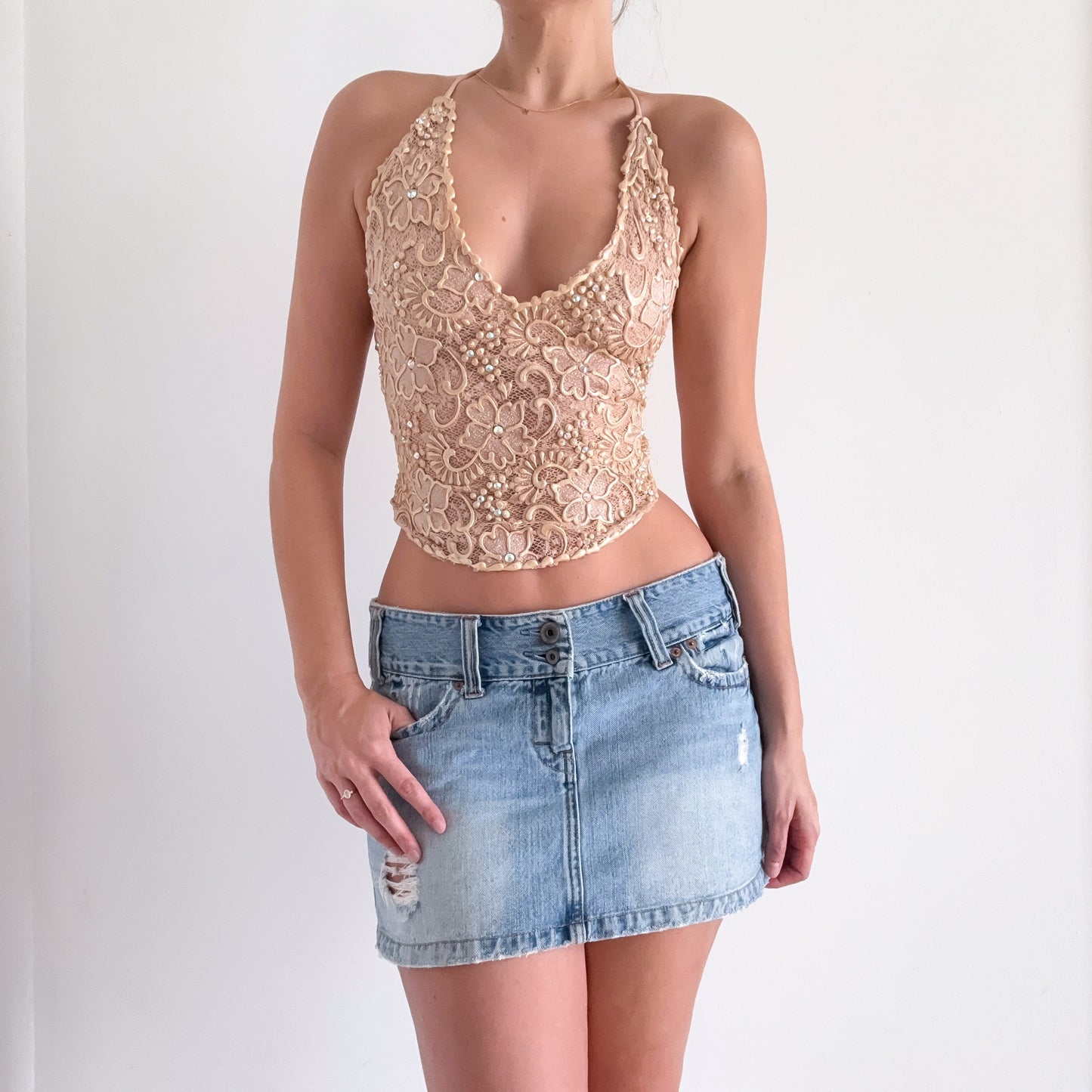Nude Lace Glitter Backless Halter Top / SZ S