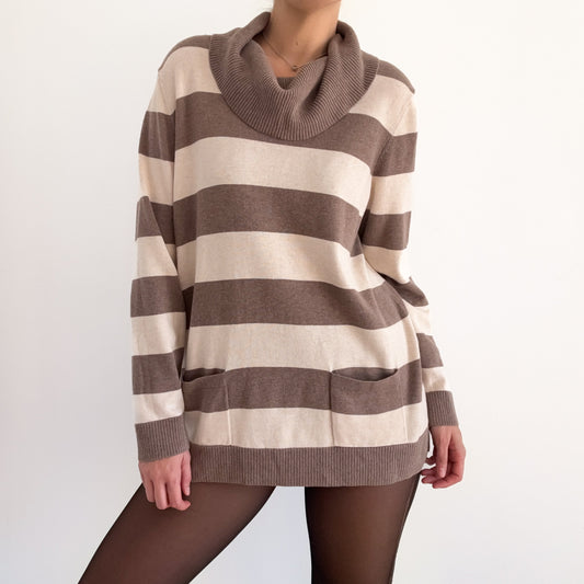 Y2K Taupe & Cream Striped Knit Sweater / SZ L