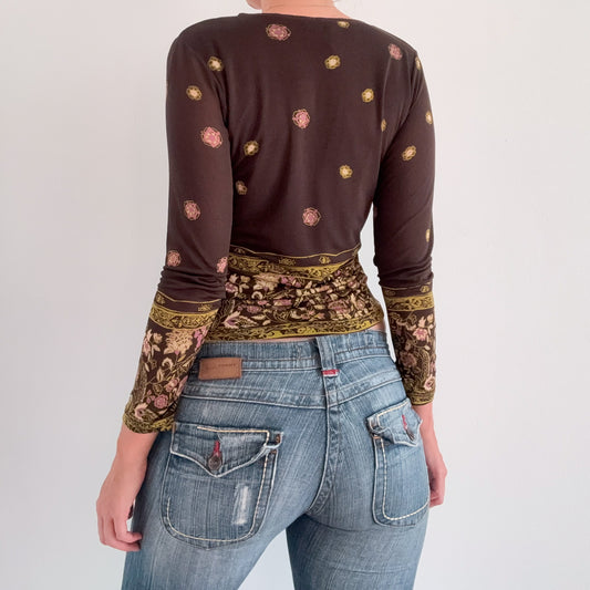 Y2K Brown Printed Silk Long Sleeve Top / SZ S