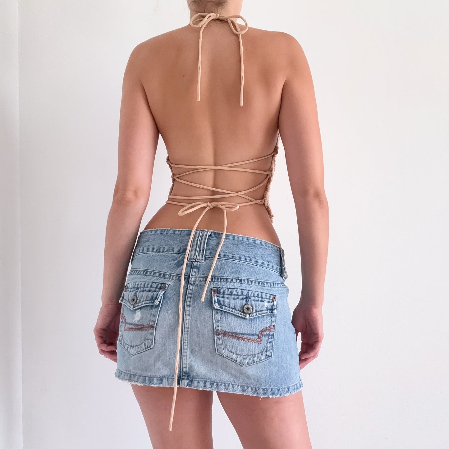 Nude Lace Glitter Backless Halter Top / SZ S