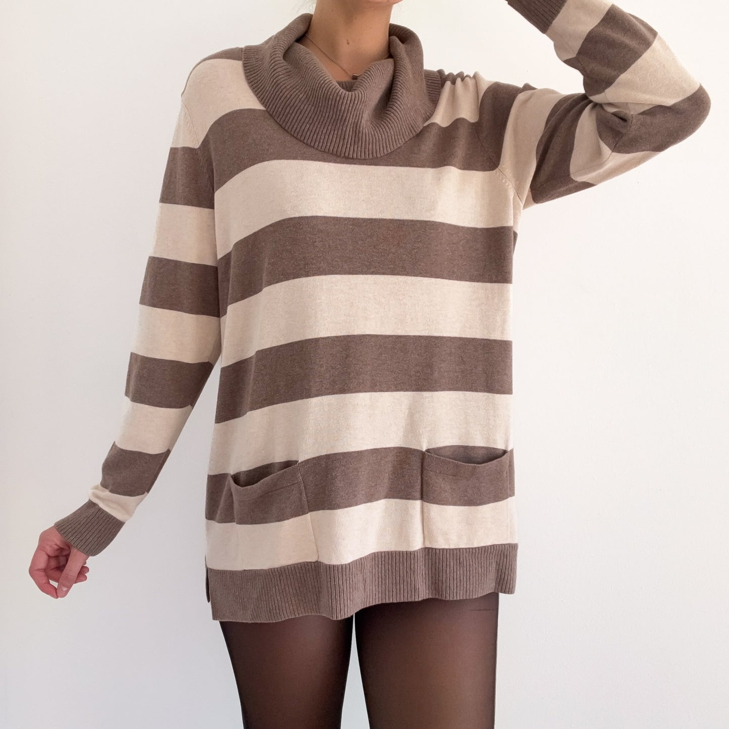 Y2K Taupe & Cream Striped Knit Sweater / SZ L
