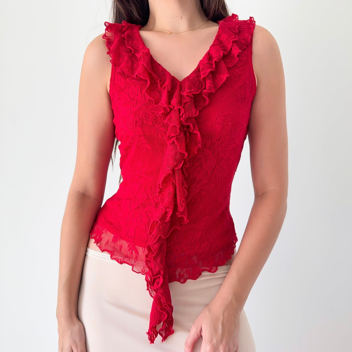 Y2K Red Ruffle Lace Top / SZ M