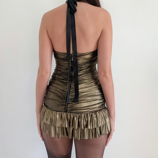 Y2K Bebe Bronze Ruched Mini Dress / SZ XS