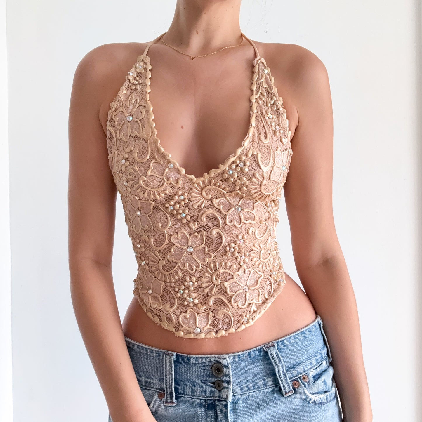 Nude Lace Glitter Backless Halter Top / SZ S
