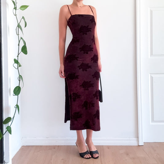90's Maroon Velvet Floral Maxi Dress / SZ M