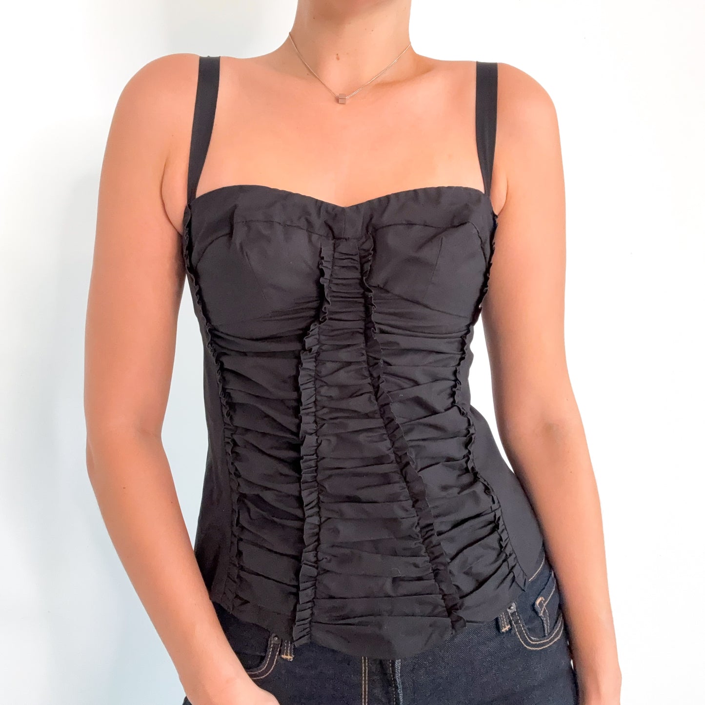 Y2K Black Cotton Ruched Bustier Top / SZ M