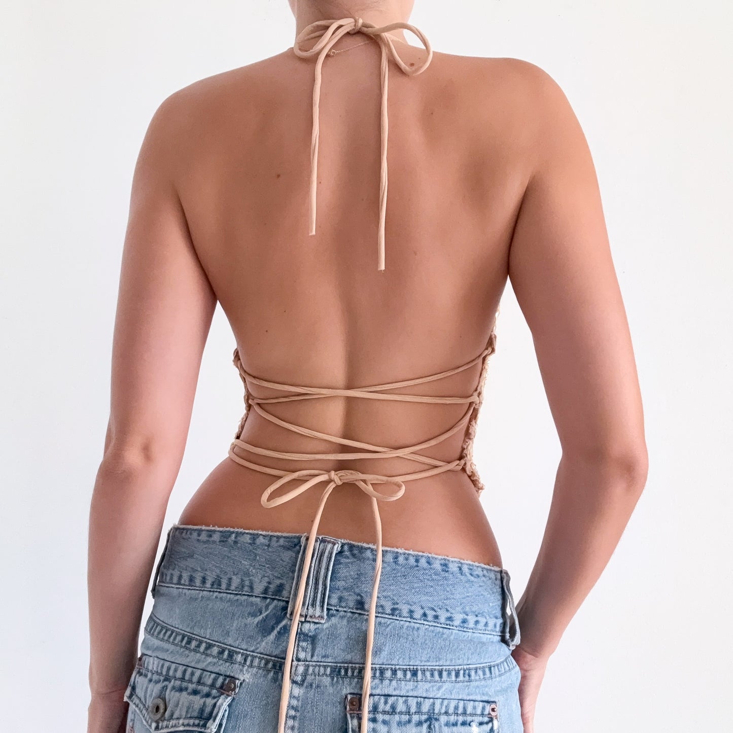 Nude Lace Glitter Backless Halter Top / SZ S