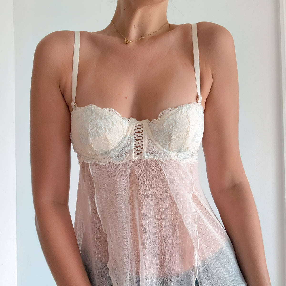 Y2K VS Ivory & Blue Lace Mesh Babydoll / SZ 34B