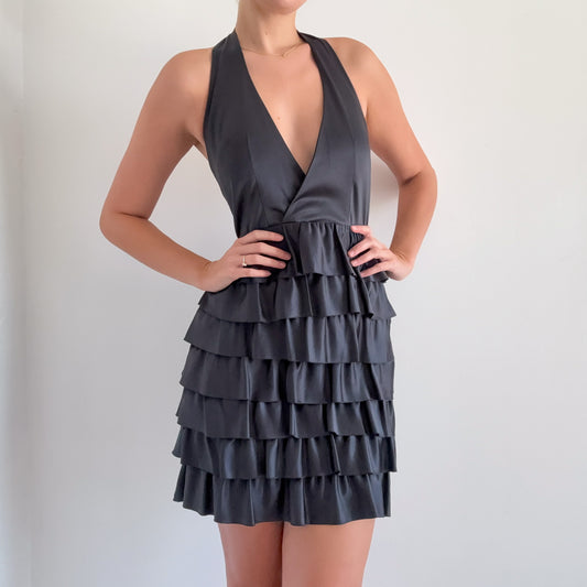 Y2K BCBG Dark Grey Ruffle Cocktail Dress / SZ 6