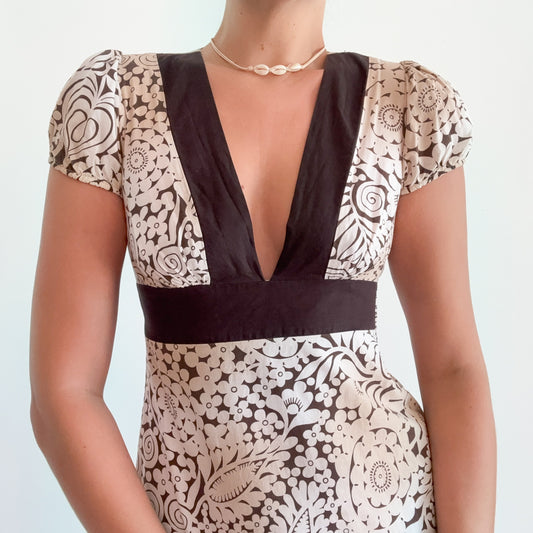 Y2K Brown & White Printed Babydoll Top / SZ S