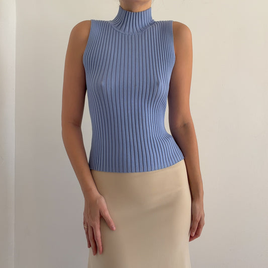 90's Periwinkle Knit Sleeveless Mock Neck / SZ S