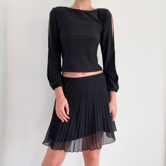 Y2K Black Chiffon Pleated Midi Skirt / SZ XS/S