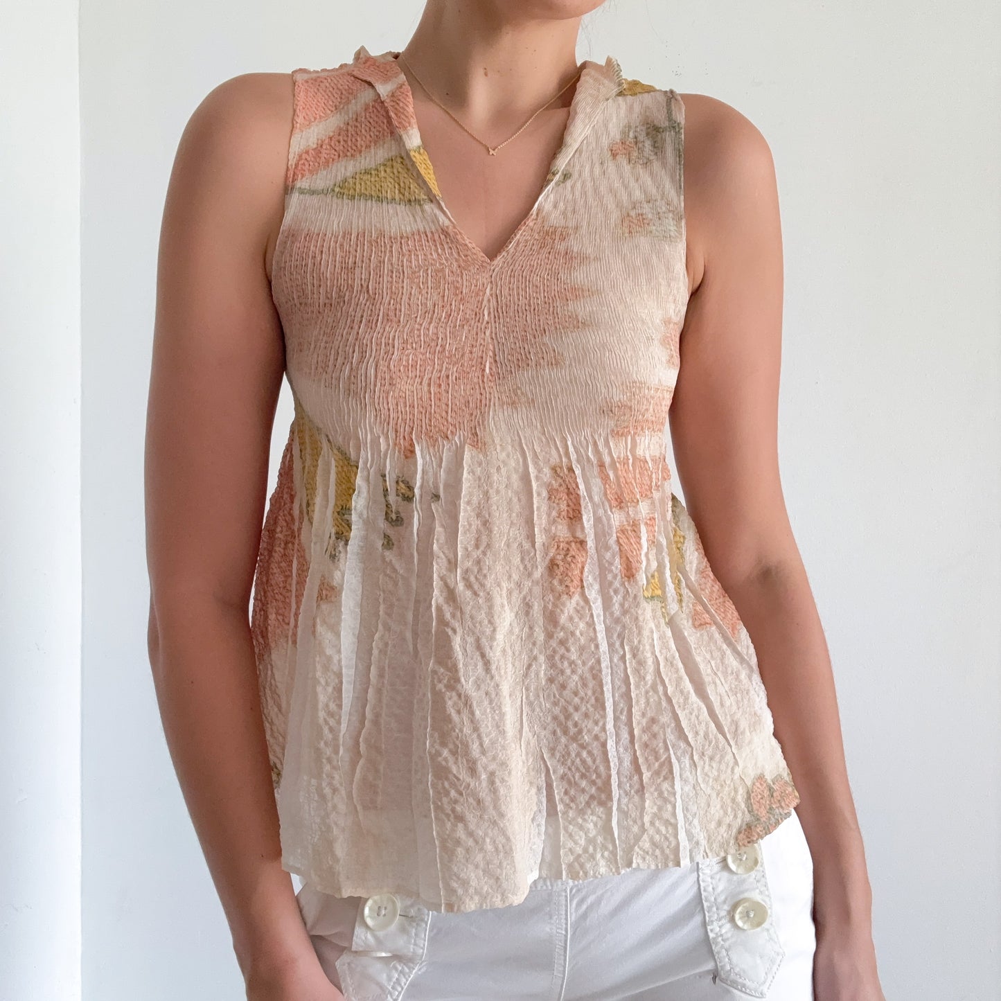 Y2K French Designer Cream Pleated Blouse / SZ XS-S