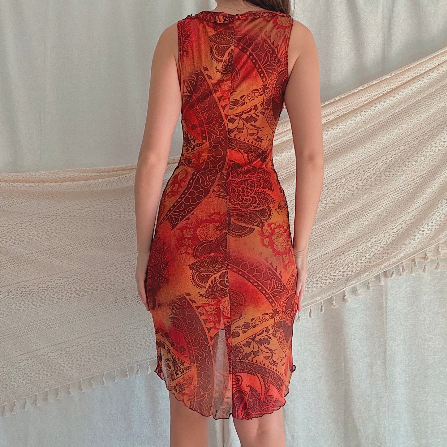 Y2K Orange & Red Printed Autumn Dress / SZ S