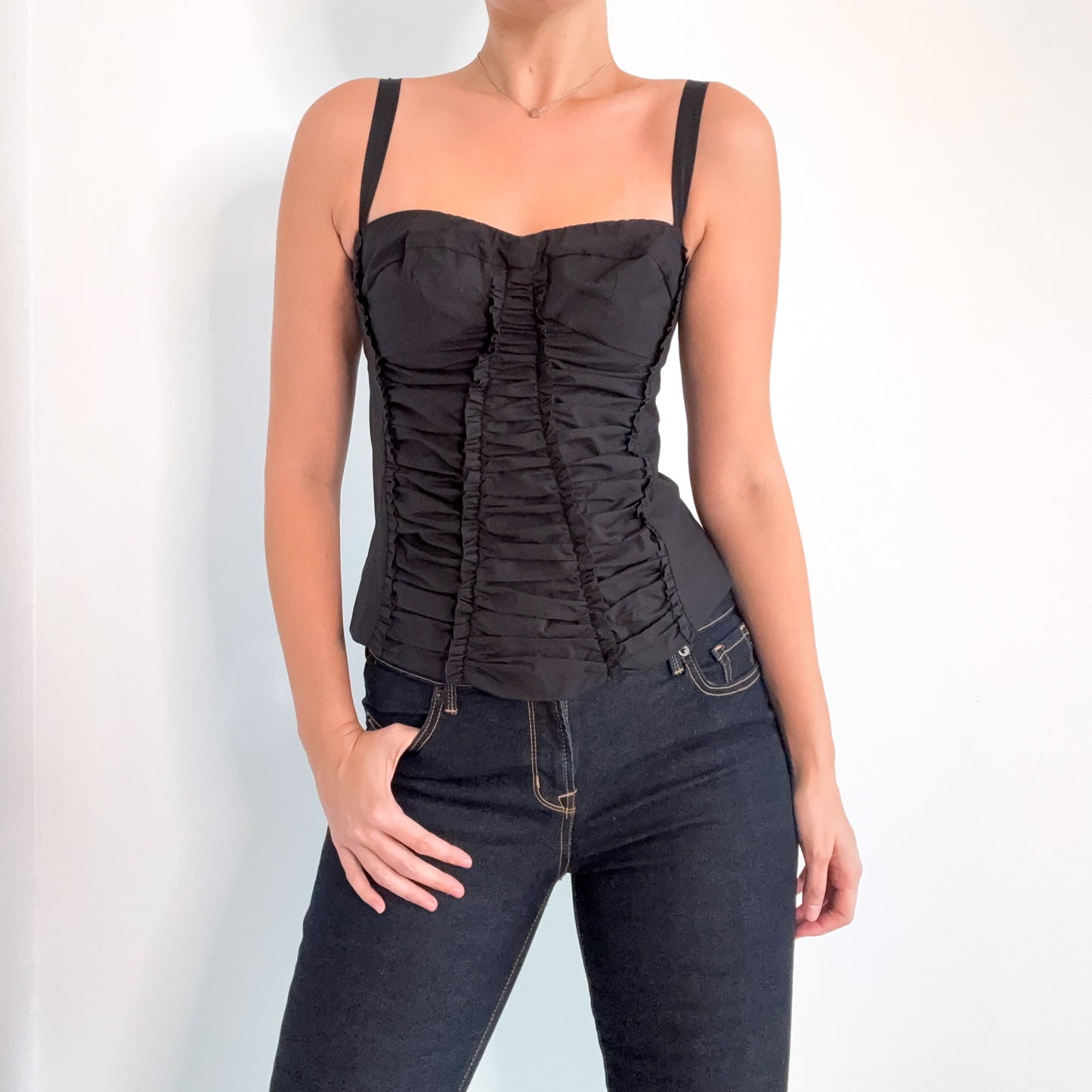 Y2K Black Cotton Ruched Bustier Top / SZ M