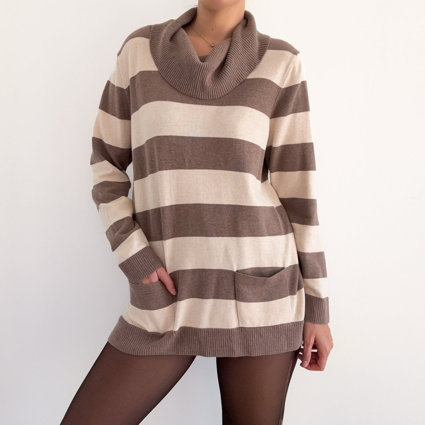 Y2K Taupe & Cream Striped Knit Sweater / SZ L