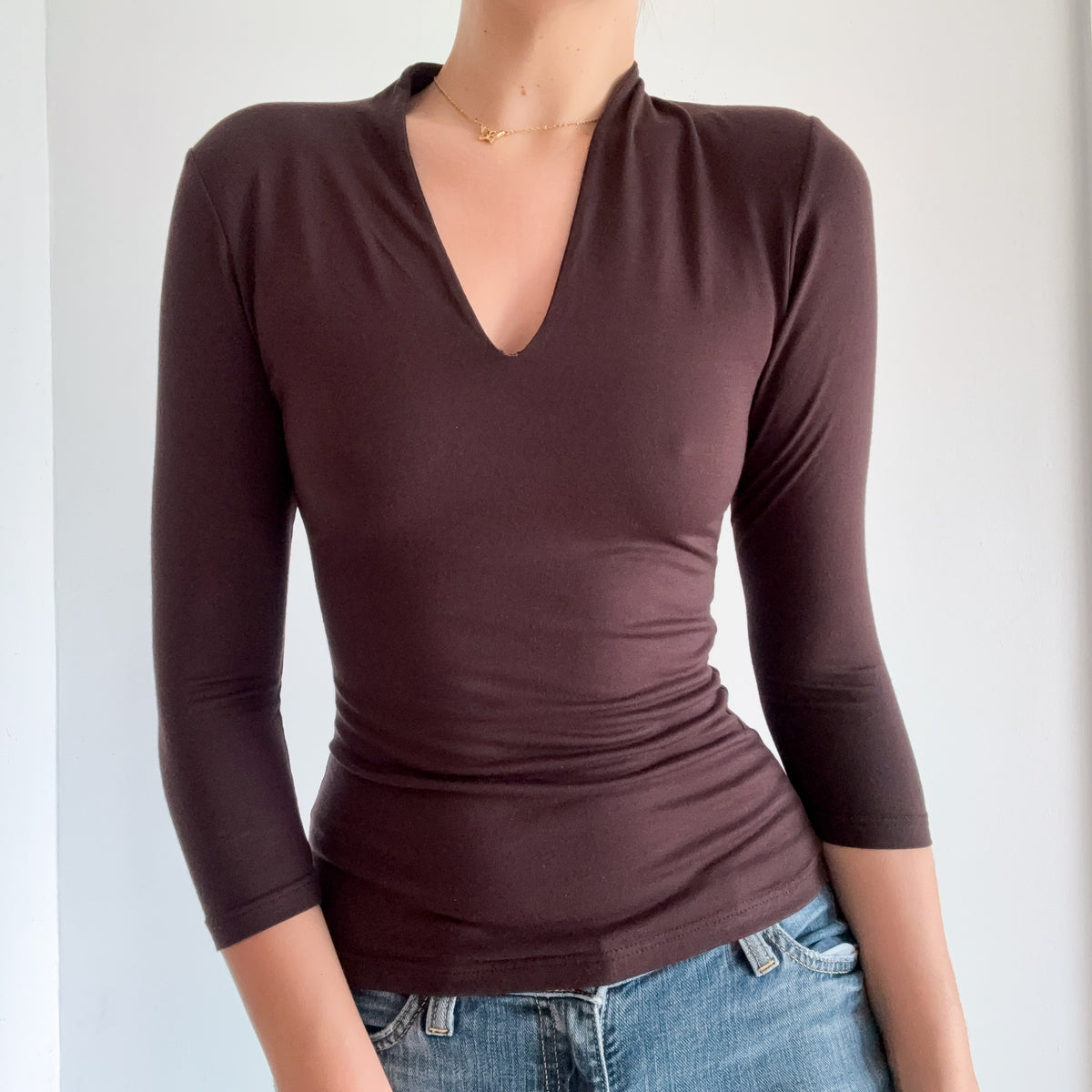 Y2K Brown V-Neck 3/4 Sleeve Top / SZ S