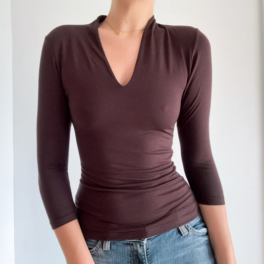 Y2K Brown V-Neck 3/4 Sleeve Top / SZ S