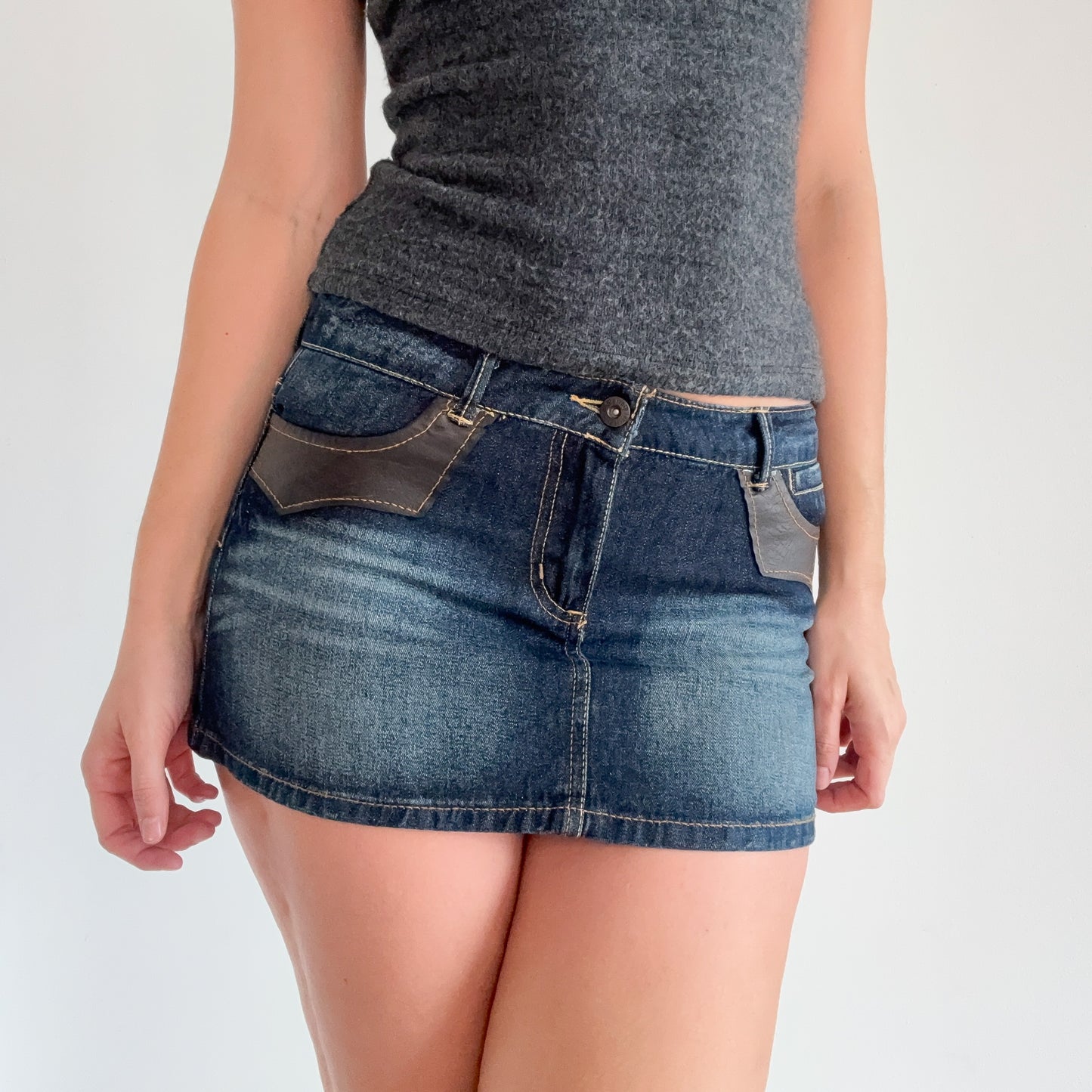 Y2K Dark Denim Leather Mini Skirt / SZ 4/6