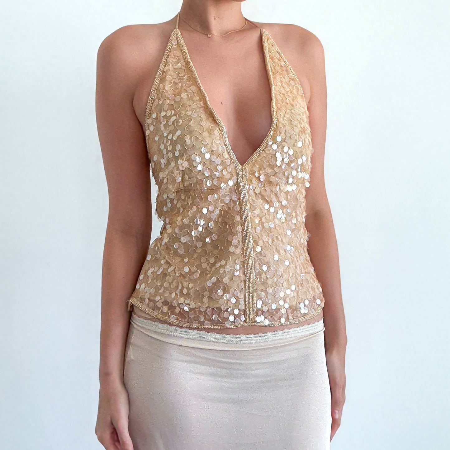 Y2K Champagne Sequin Beaded Halter Top / SZ M/L