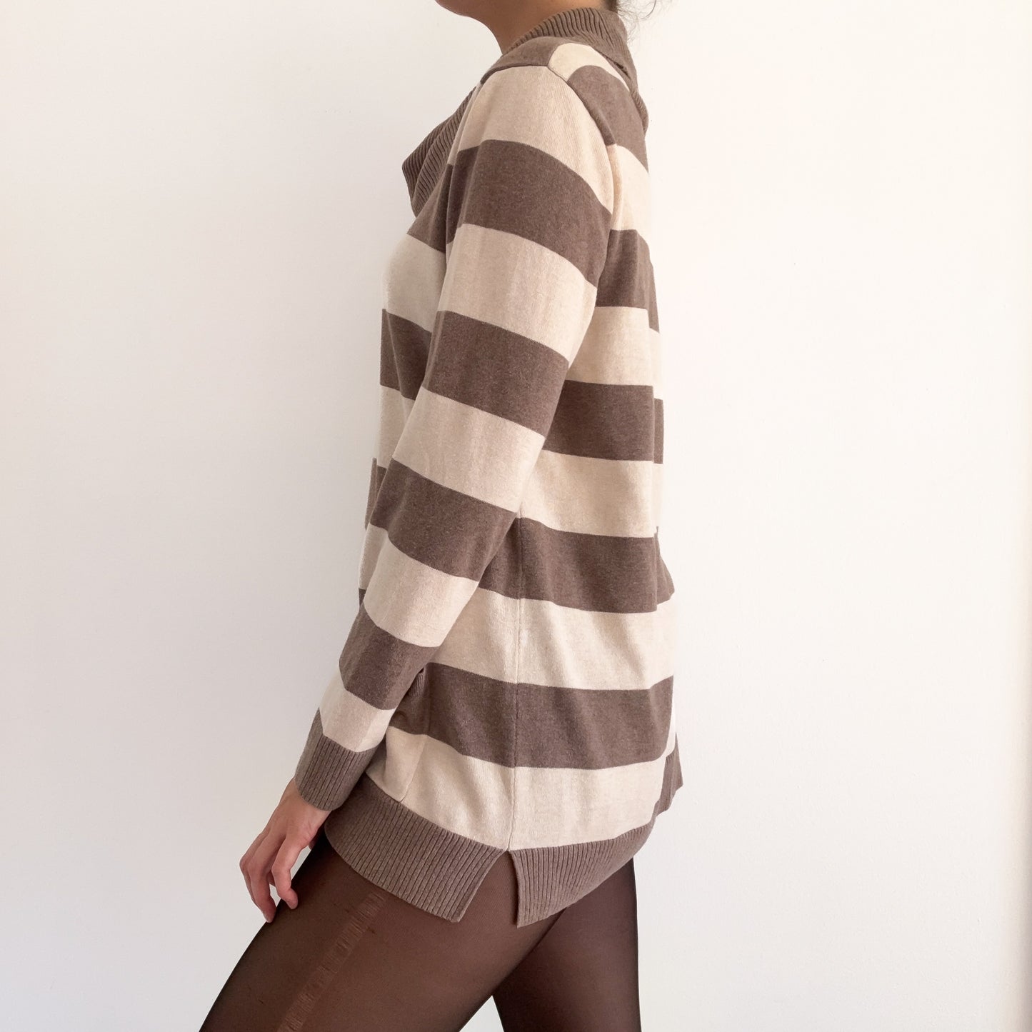 Y2K Taupe & Cream Striped Knit Sweater / SZ L