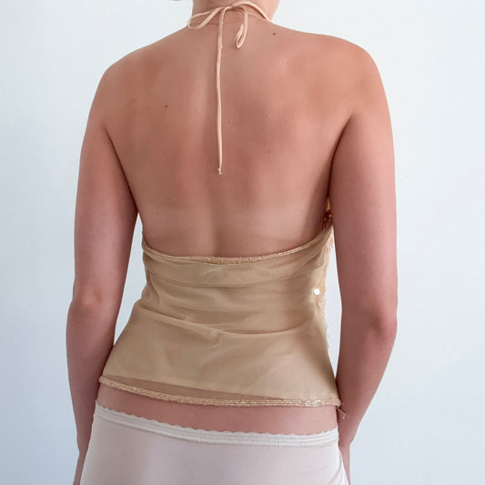 Y2K Champagne Sequin Beaded Halter Top / SZ M/L