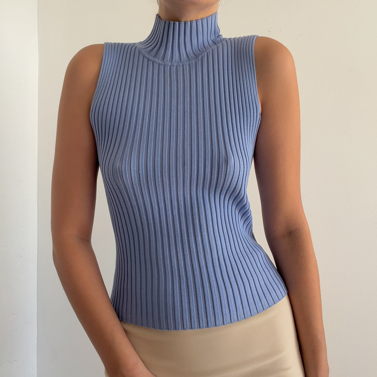 90's Periwinkle Knit Sleeveless Mock Neck / SZ S