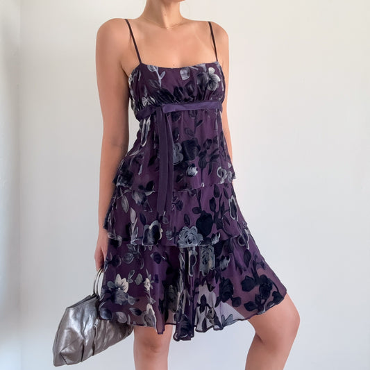 Y2K Purple Velvet Silk Tiered Dress / SZ 6/8