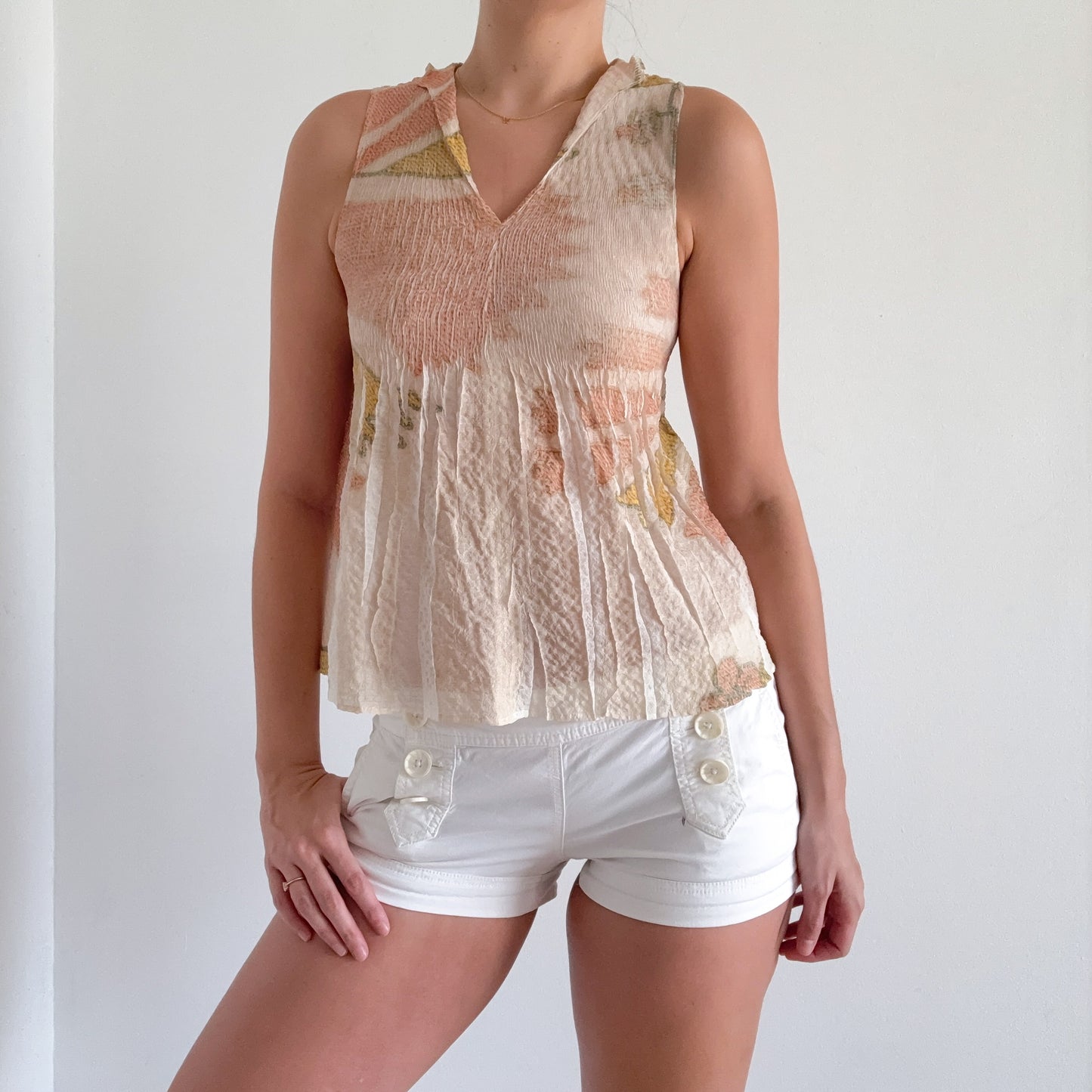 Y2K French Designer Cream Pleated Blouse / SZ XS-S