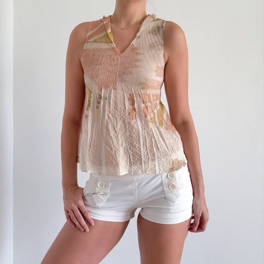 Y2K French Designer Cream Pleated Blouse / SZ XS-S