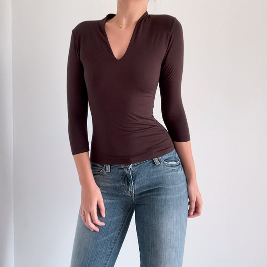 Y2K Brown V-Neck 3/4 Sleeve Top / SZ S