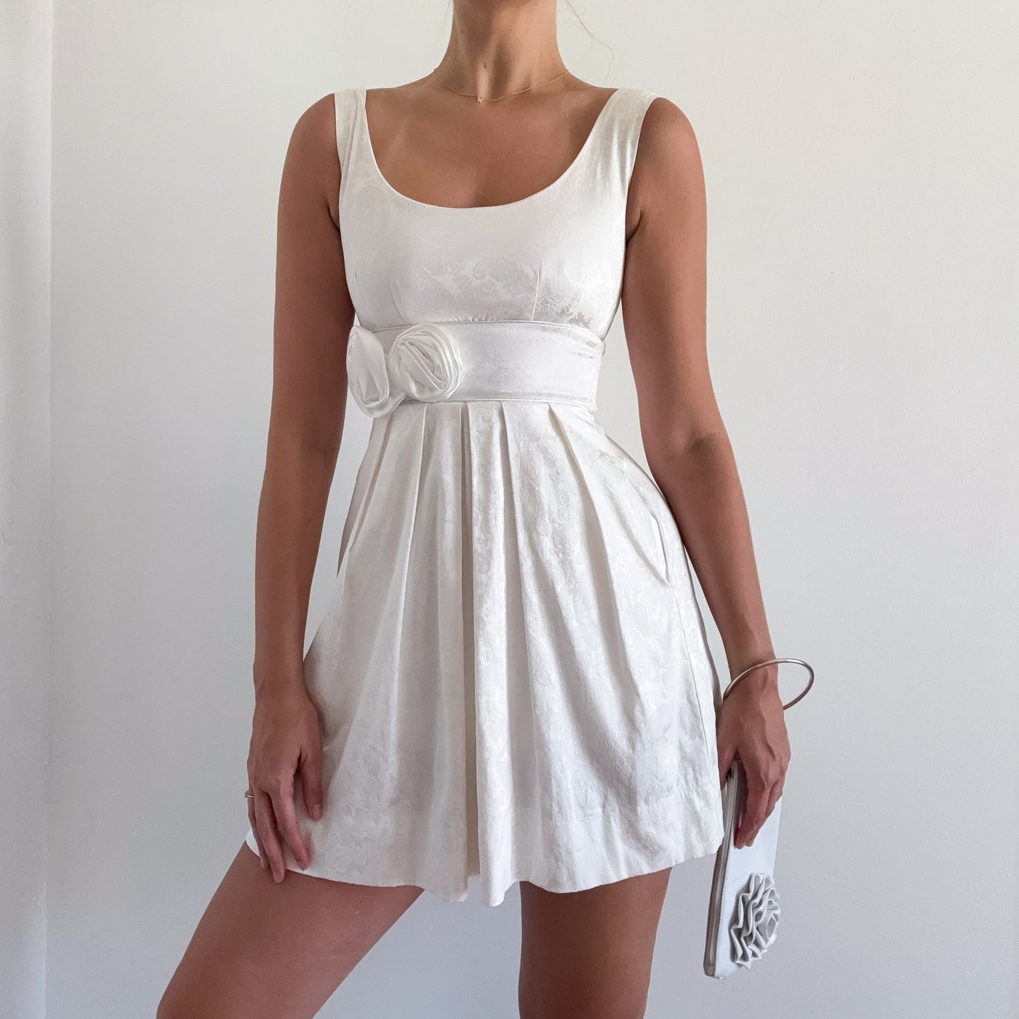 Y2K White Brocade Rosette Mini Dress / SZ 0/2