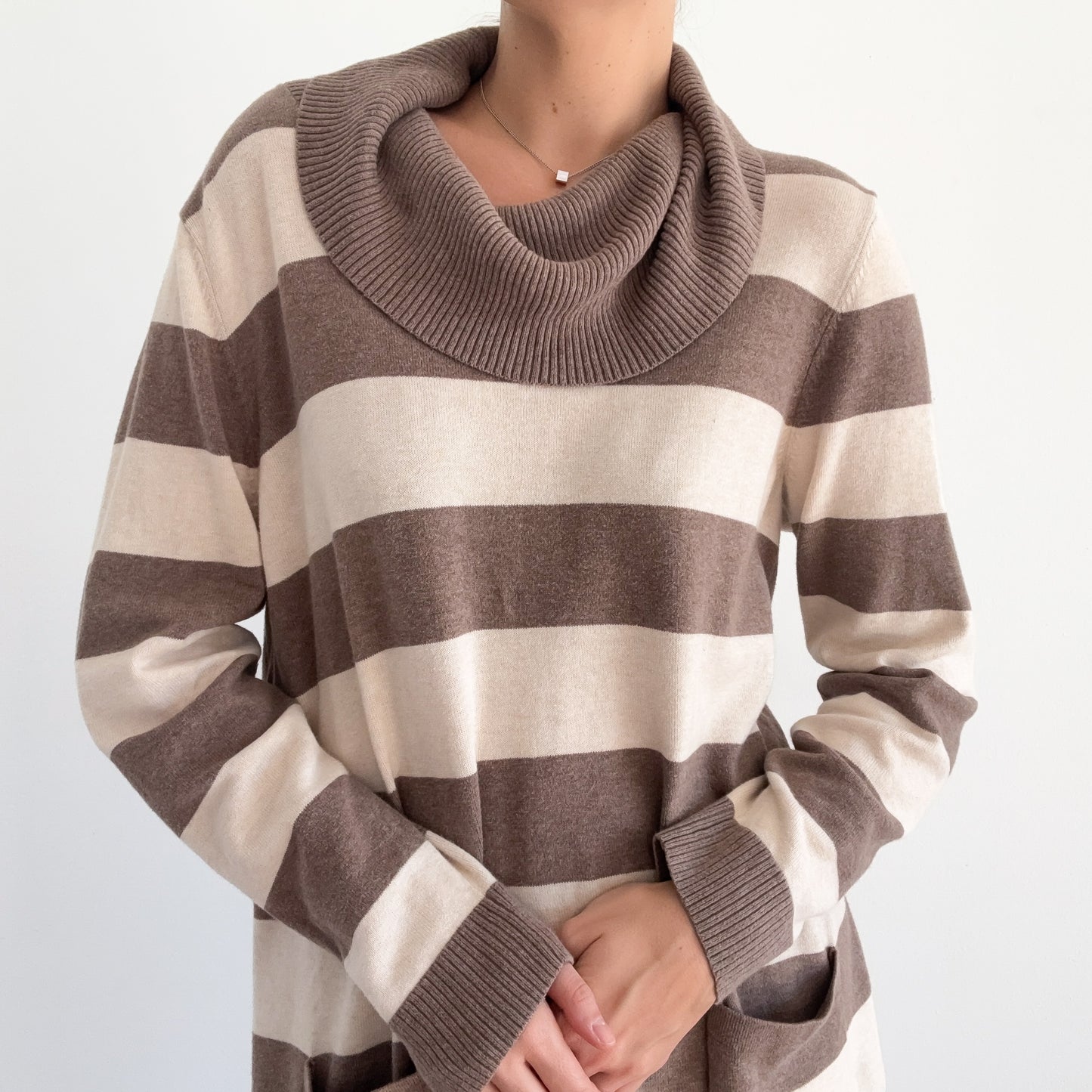 Y2K Taupe & Cream Striped Knit Sweater / SZ L